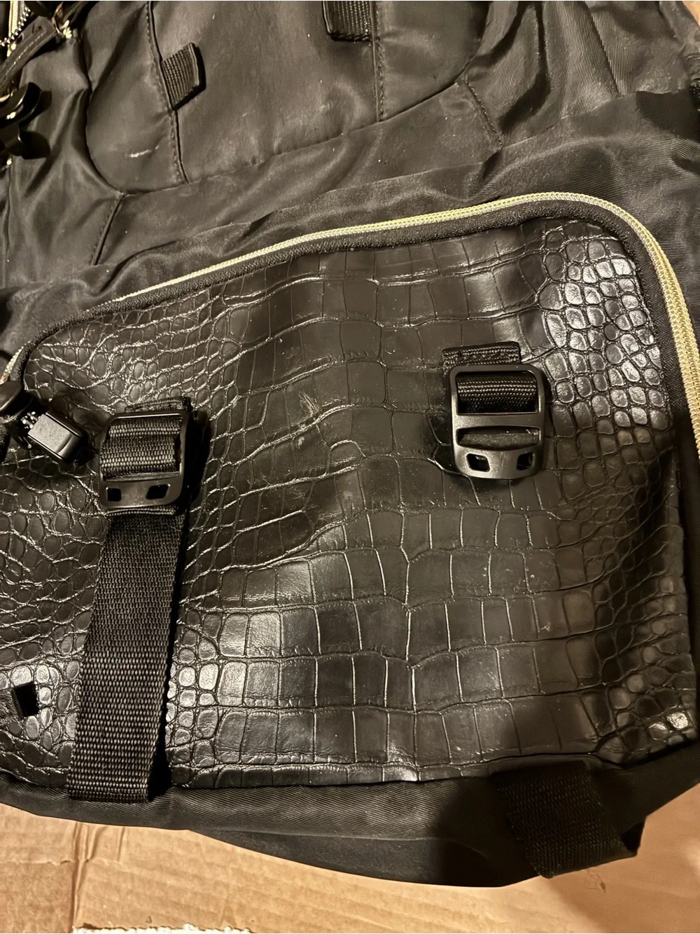 Black Men's Multi‑Pocket Backpack with Ivory Trim and Faux‑Croc Accent